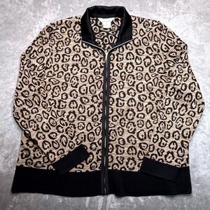 Exclusively Misook Zip Up Jacket Cardigan Womens XL Tan Black Leopard Print Knit